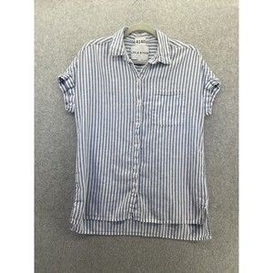 Lola River Women's Button Down Shirt Striped Sz Large Short Cuffed Sleeve Linen